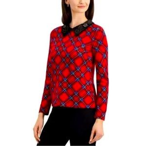 Charter Club MSRP $70 Velvet-Collar Plaid Top Red Size Medium